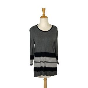 Renuar S Heather Grey Stripe Tunic Top Y2K Deadstock 3/4 Sleeve Scoop Neck VTG